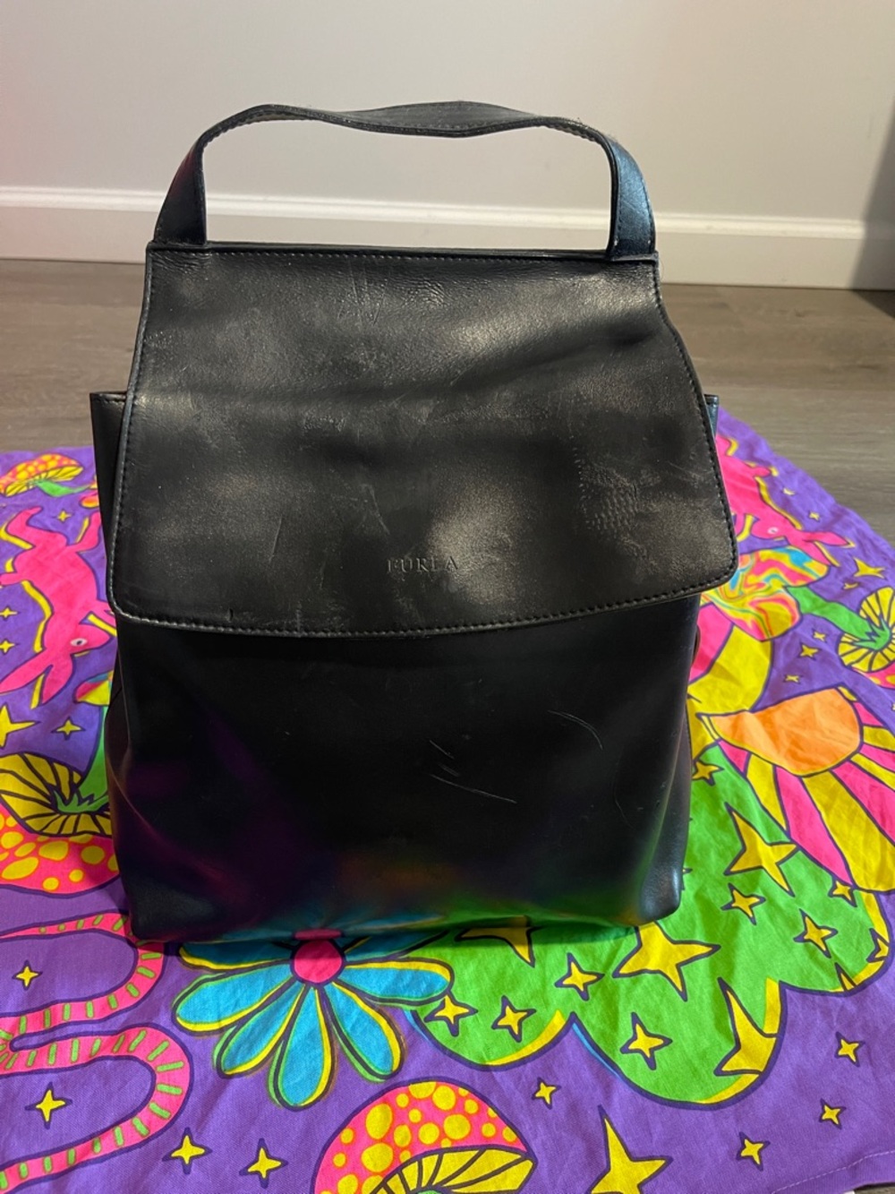 Furla Black Leather Flap Backpack with Top Handle Have Small Damage - Picture 2 of 11